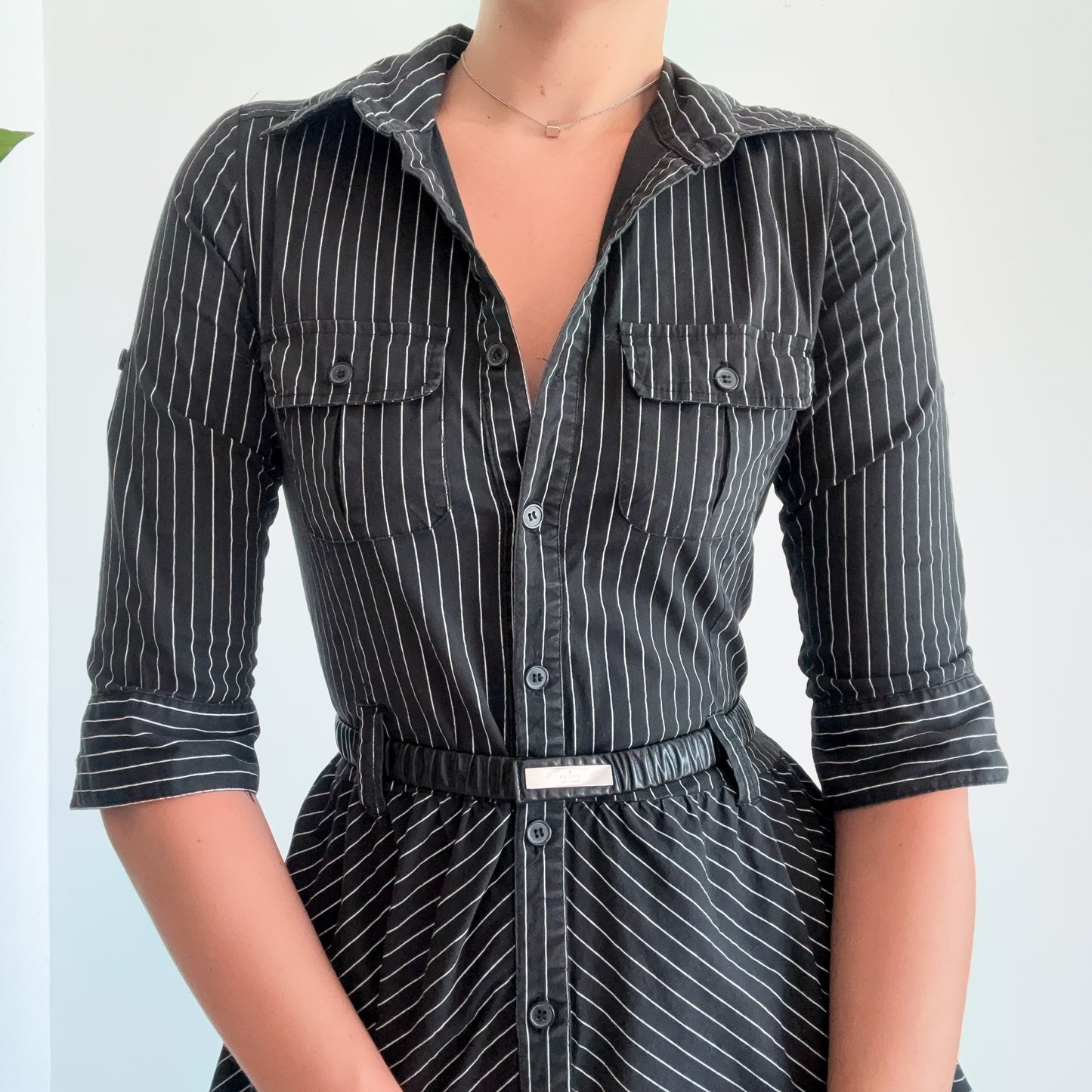 Y2K Black Pinstripe Button Flare Mini Skirt / SZ S