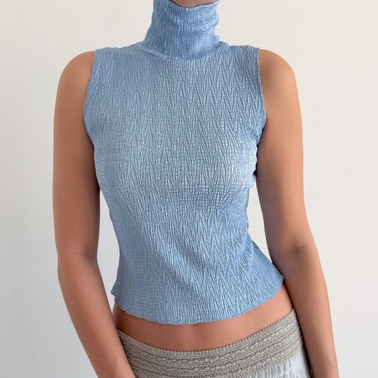 90's Cornflower Crinkle Pleat Turtleneck / SZ S