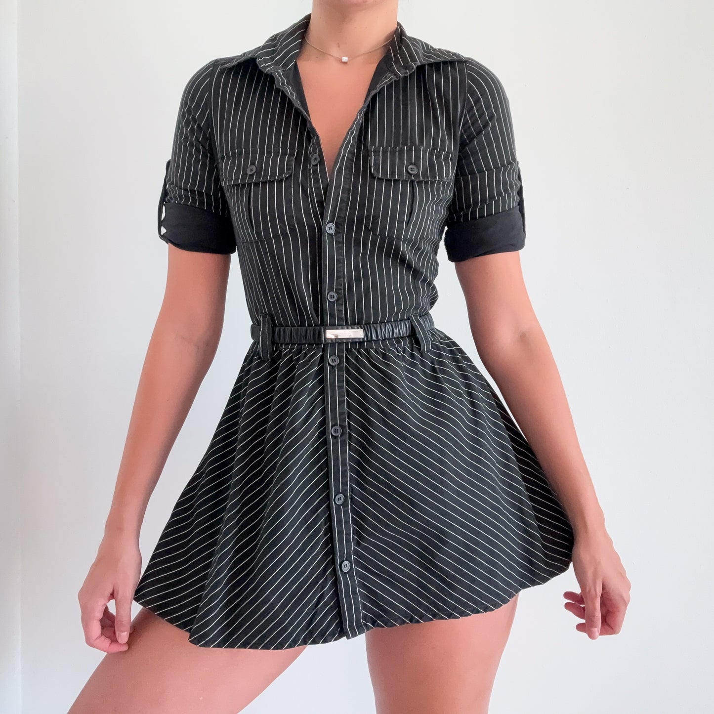 Y2K Black Pinstripe Button Flare Mini Skirt / SZ S