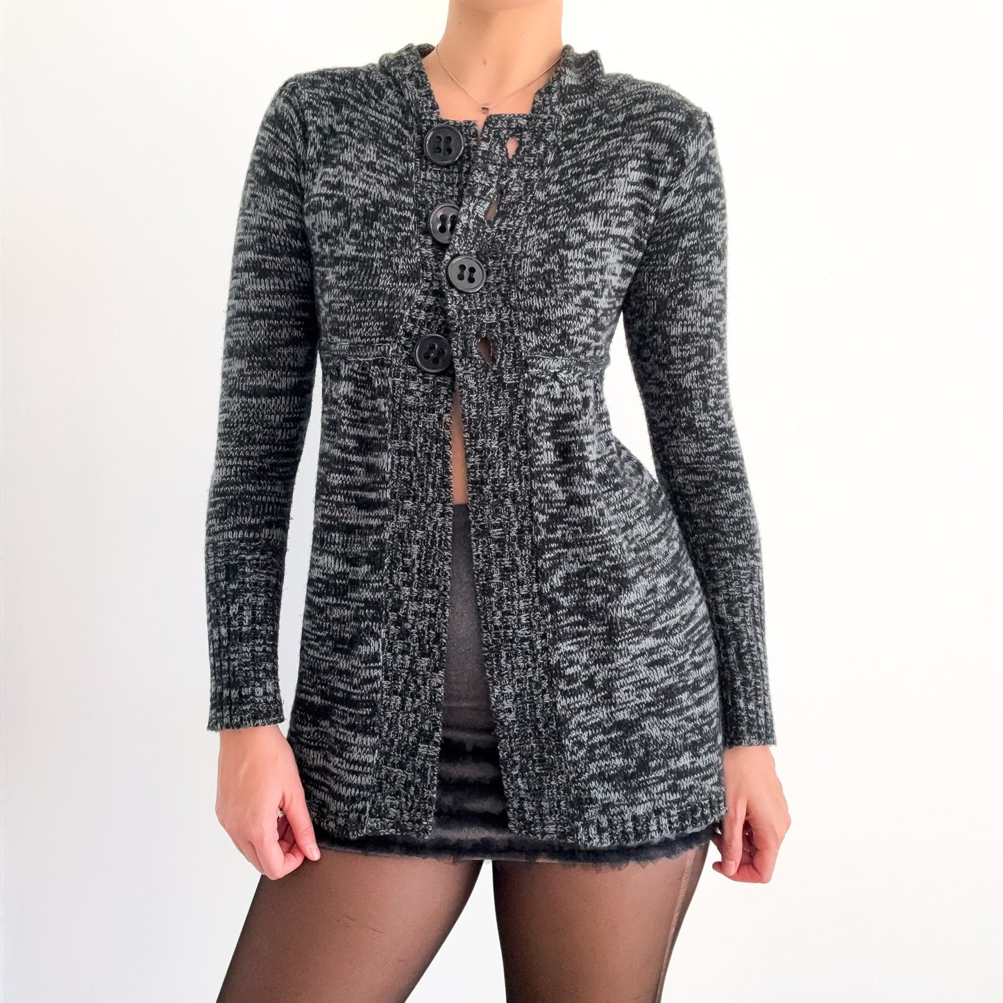 Y2K Grey Speckled Knit Hooded Babydoll Cardigan / SZ S