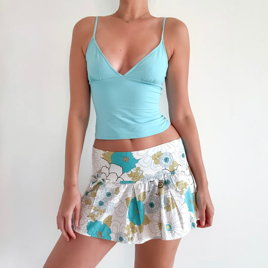 Y2K White & Teal Floral Pleated Mini Skirt / SZ 8