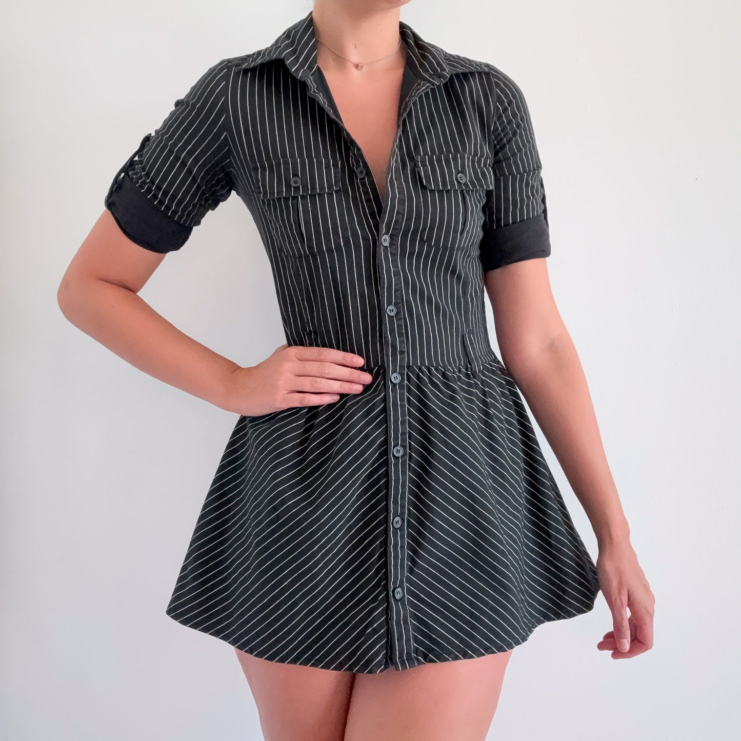 Y2K Black Pinstripe Button Flare Mini Skirt / SZ S