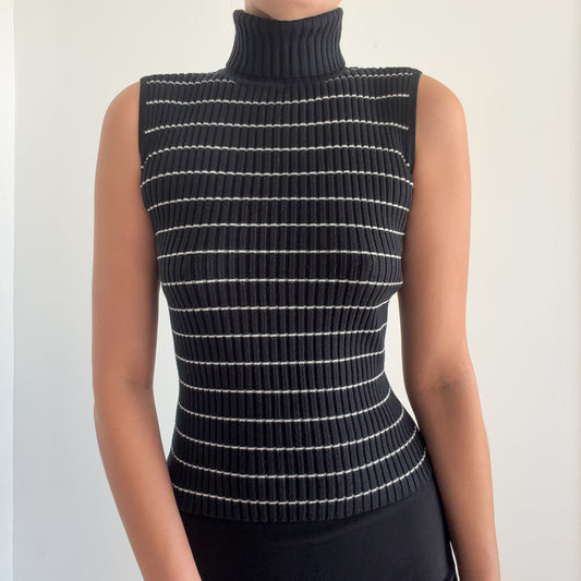 90's B&W Striped Knit Sleeveless Turtleneck / SZ XS/S