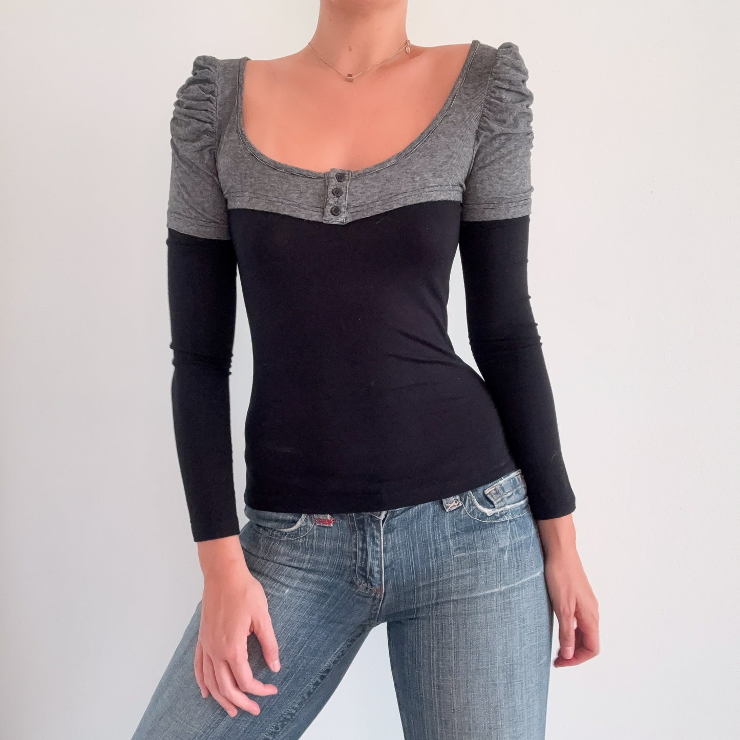 Y2K Black & Grey Puff Sleeve Layered Top / SZ S