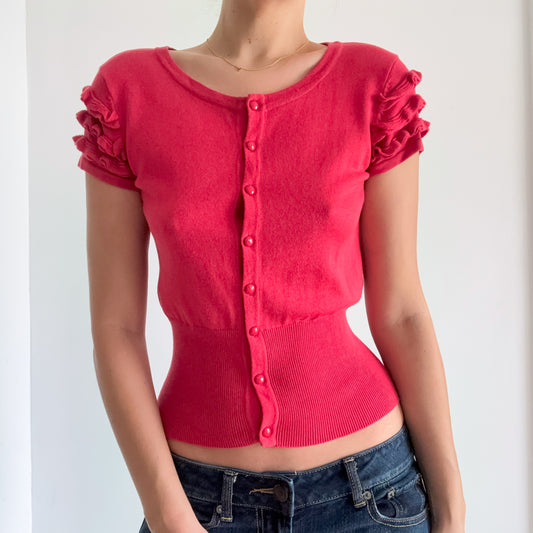 Y2K Strawberry Ruffle Knit Cardigan / SZ S