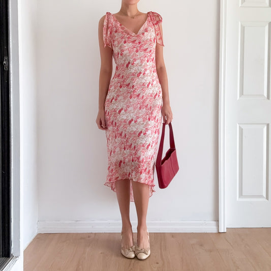 Y2K Red Floral Chiffon Midi Dress / SZ M