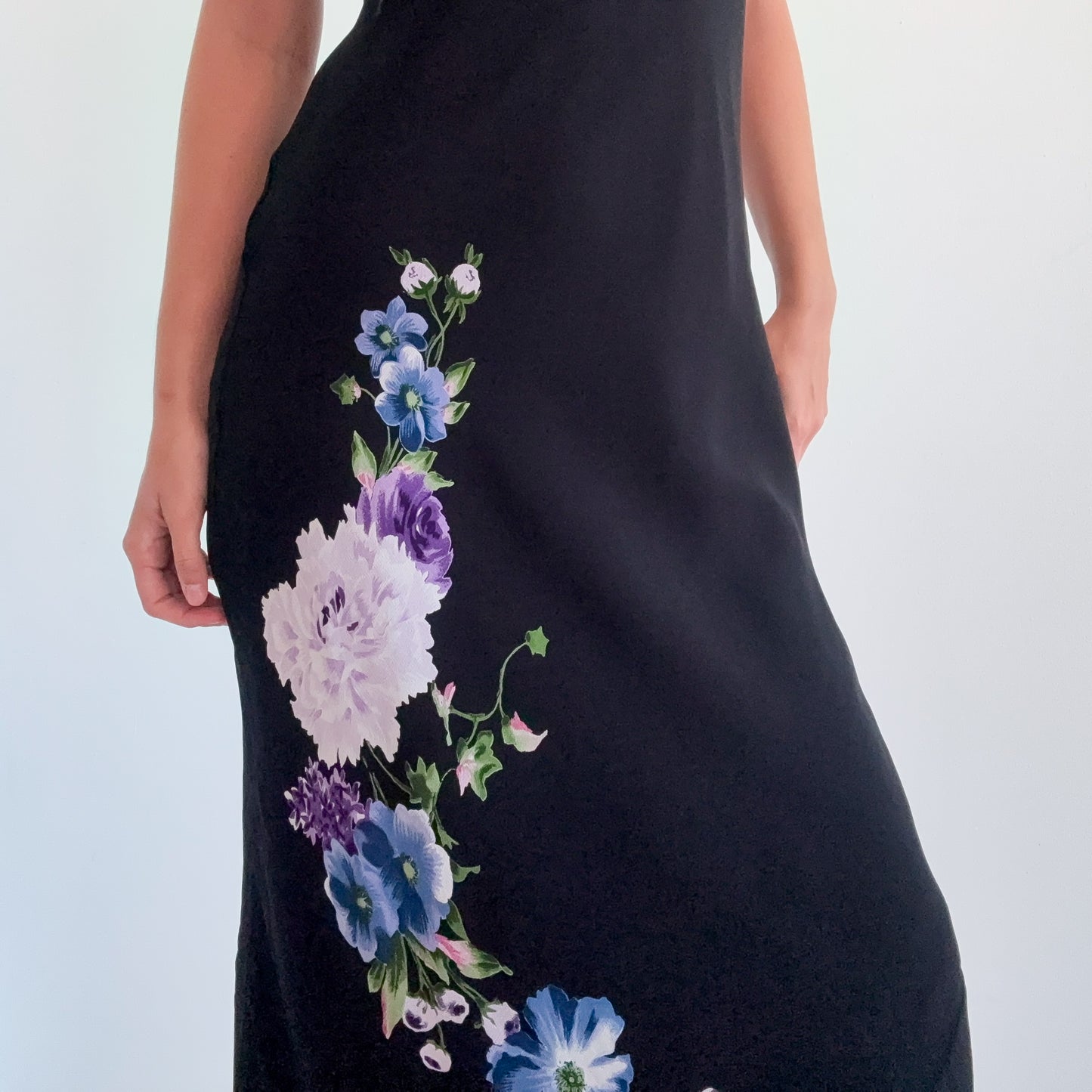 90's Black & Purple Floral Rayon Maxi Dress / SZ M
