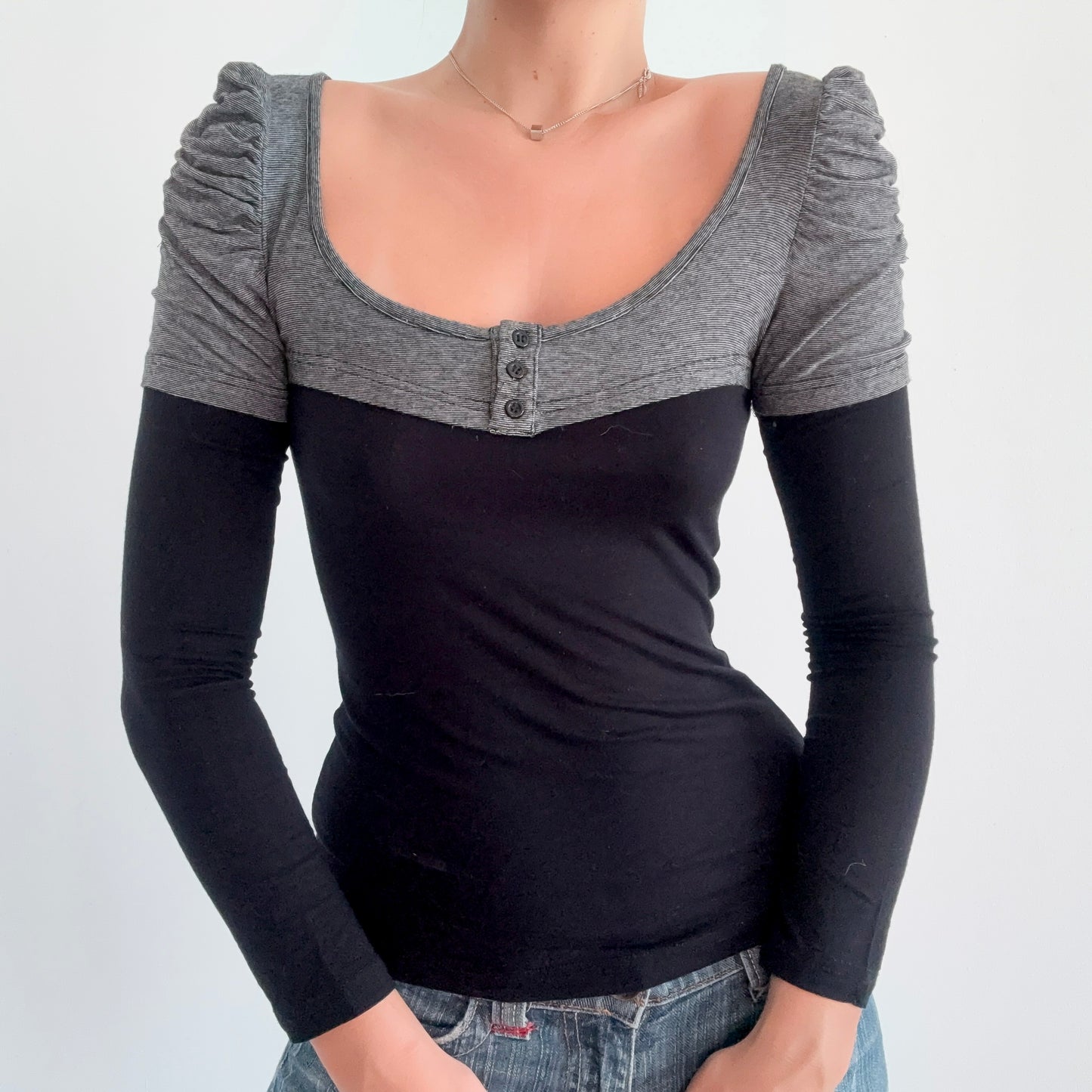 Y2K Black & Grey Puff Sleeve Layered Top / SZ S