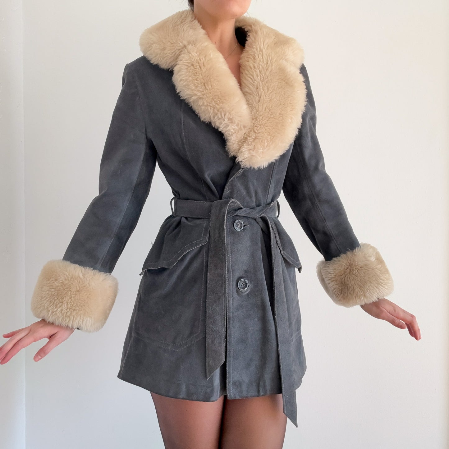 70's Stone Blue Suede Fur Coat / SZ M