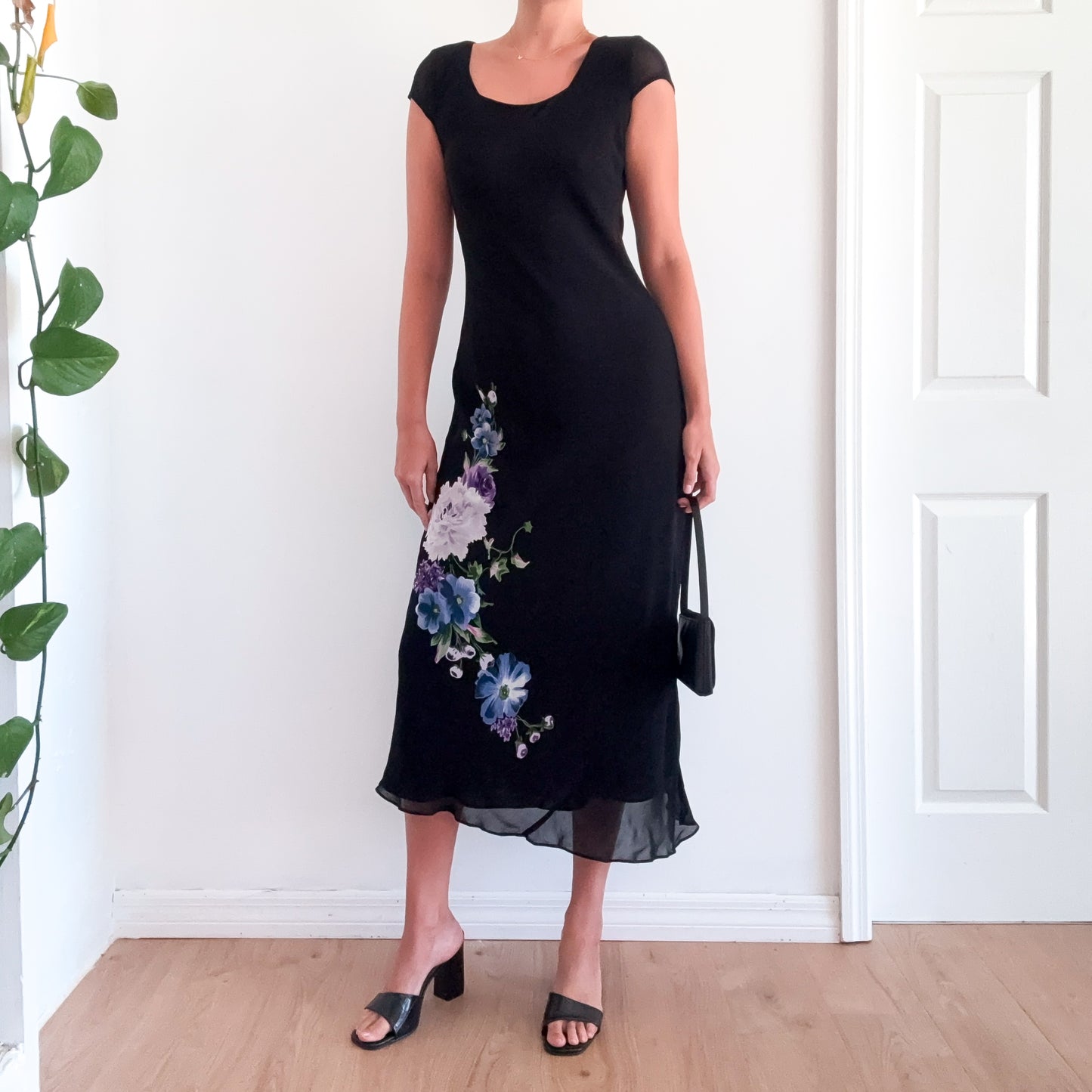 90's Black & Purple Floral Rayon Maxi Dress / SZ M