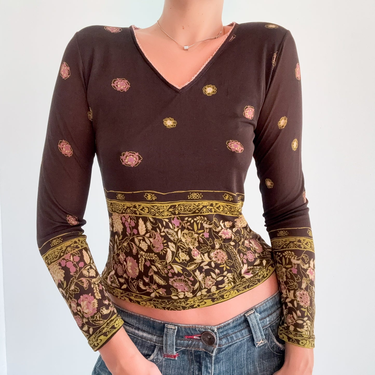 Y2K Brown Printed Silk Long Sleeve Top / SZ S