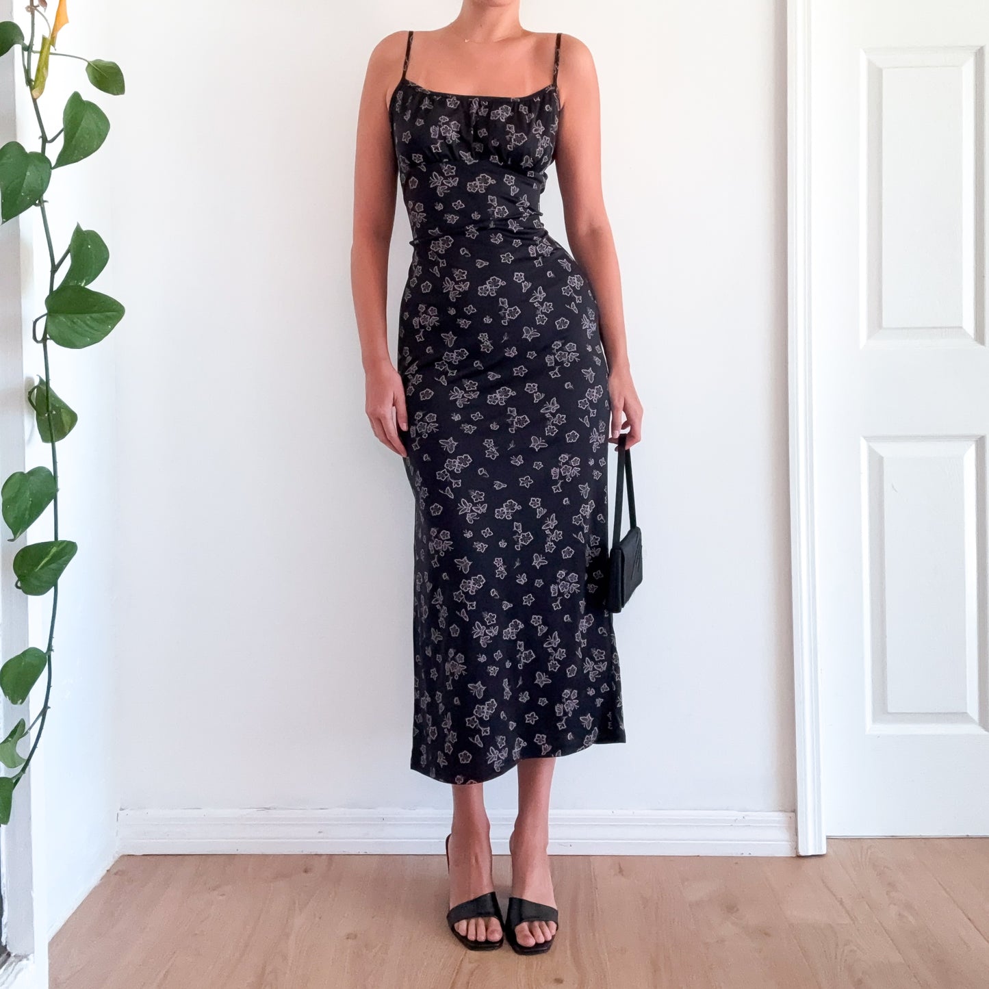 90's Black Butterfly Flower Maxi Dress / SZ M-L