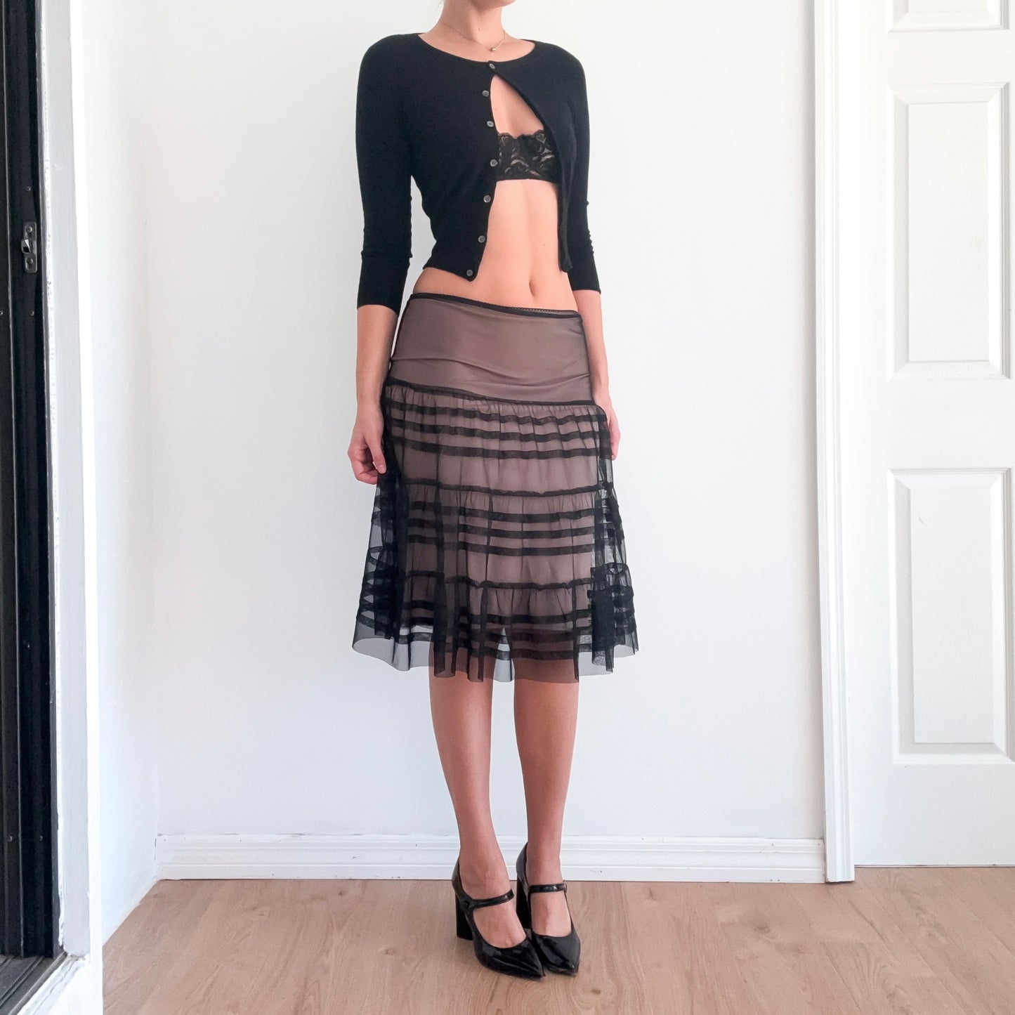 Y2K Black & Nude Pleated Mesh Midi Skirt / SZ S-M