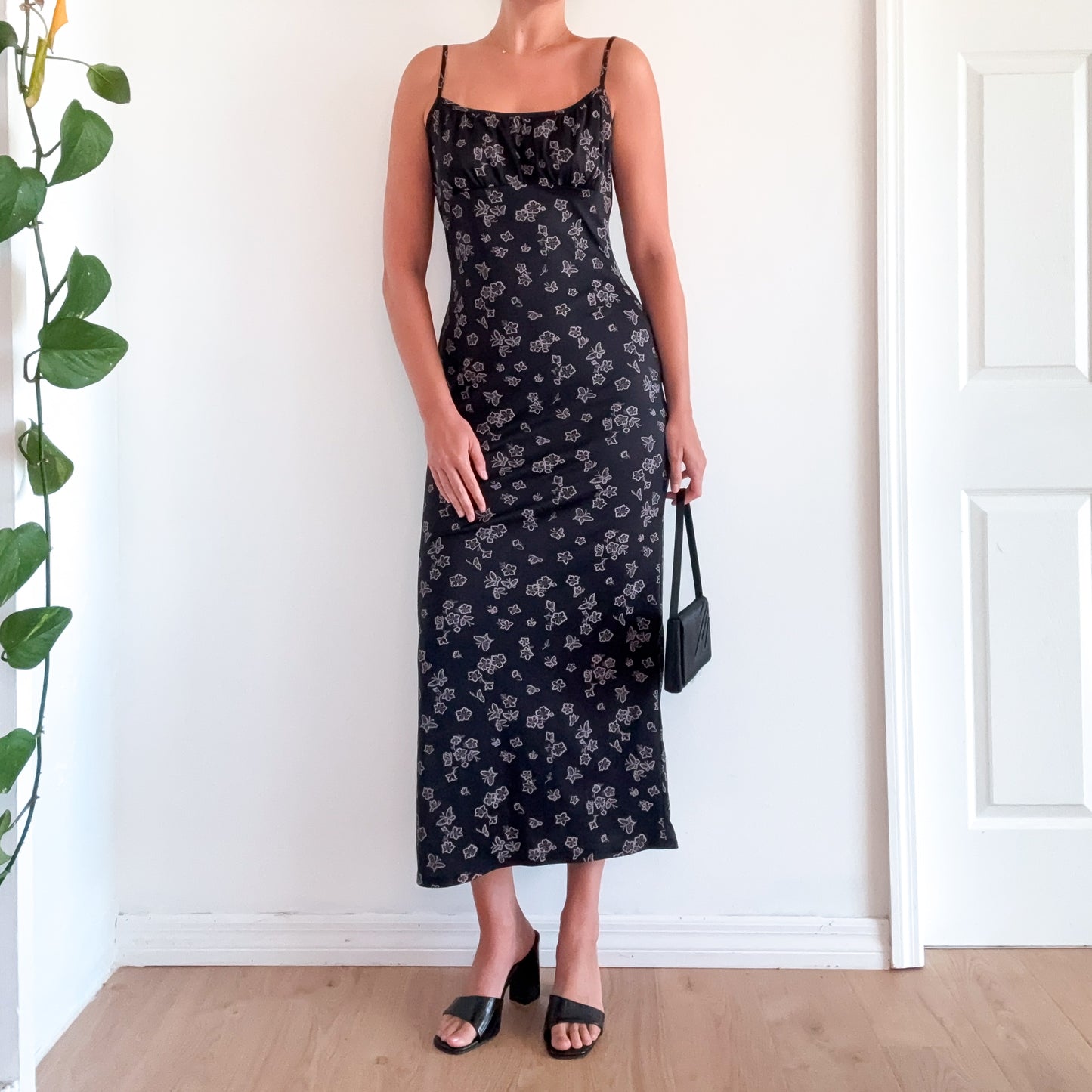 90's Black Butterfly Flower Maxi Dress / SZ M-L