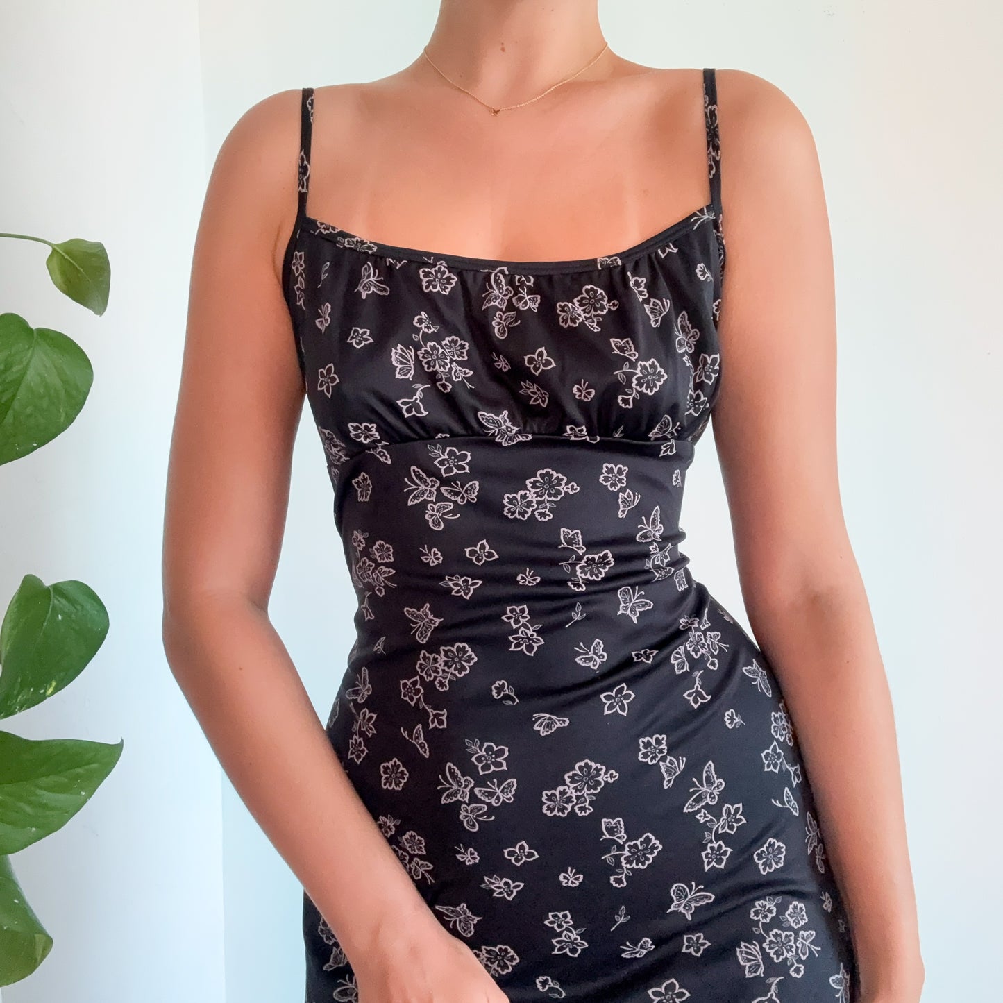 90's Black Butterfly Flower Maxi Dress / SZ M-L