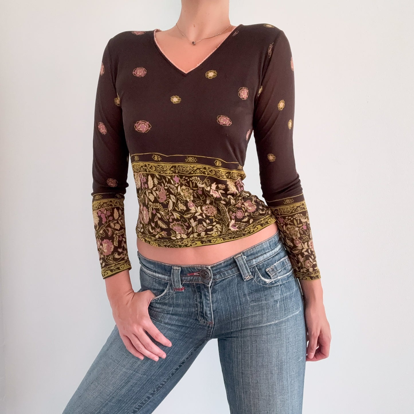Y2K Brown Printed Silk Long Sleeve Top / SZ S