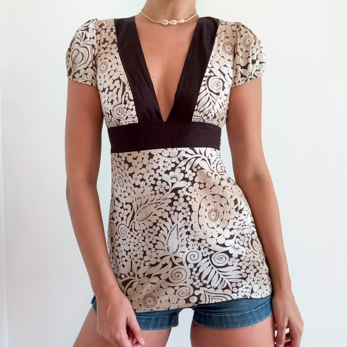 Y2K Brown & White Printed Babydoll Top / SZ S