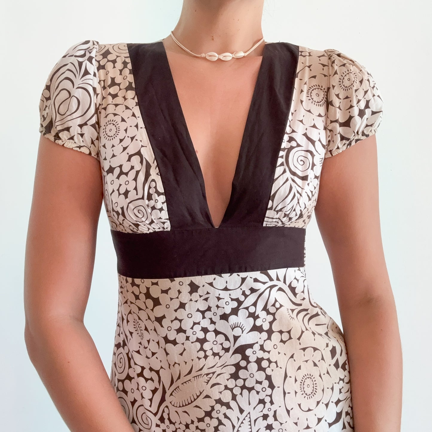 Y2K Brown & White Printed Babydoll Top / SZ S
