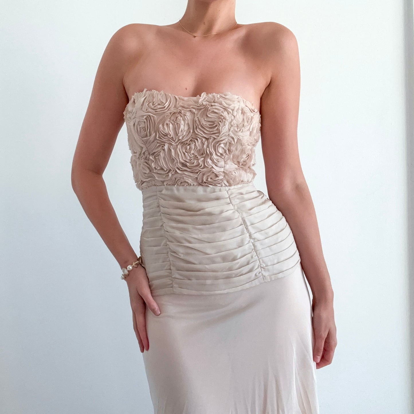 Y2K Bebe Beige Rosette Silk Tube Top / SZ S