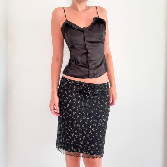 Y2K French Black Floral Mesh Midi Skirt / SZ S/M