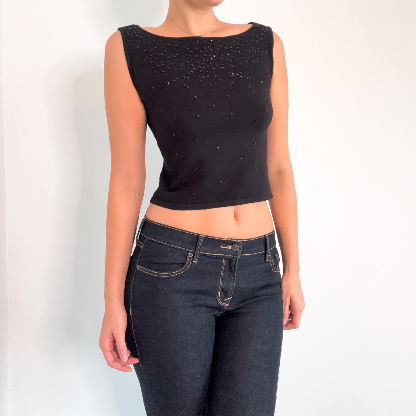 Y2K Black Knit Sequin Boat Neck Top / SZ M