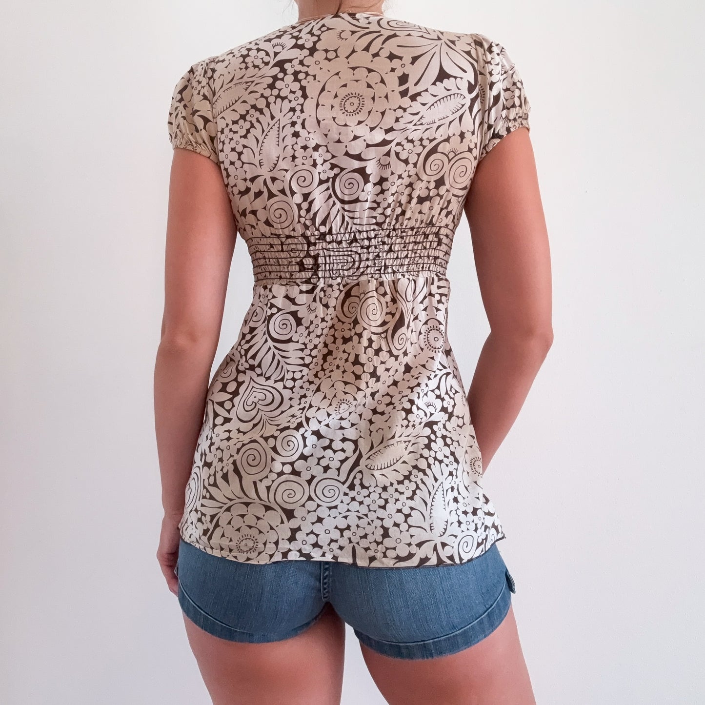 Y2K Brown & White Printed Babydoll Top / SZ S