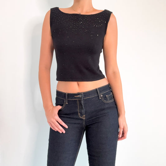 Y2K Black Knit Sequin Boat Neck Top / SZ M