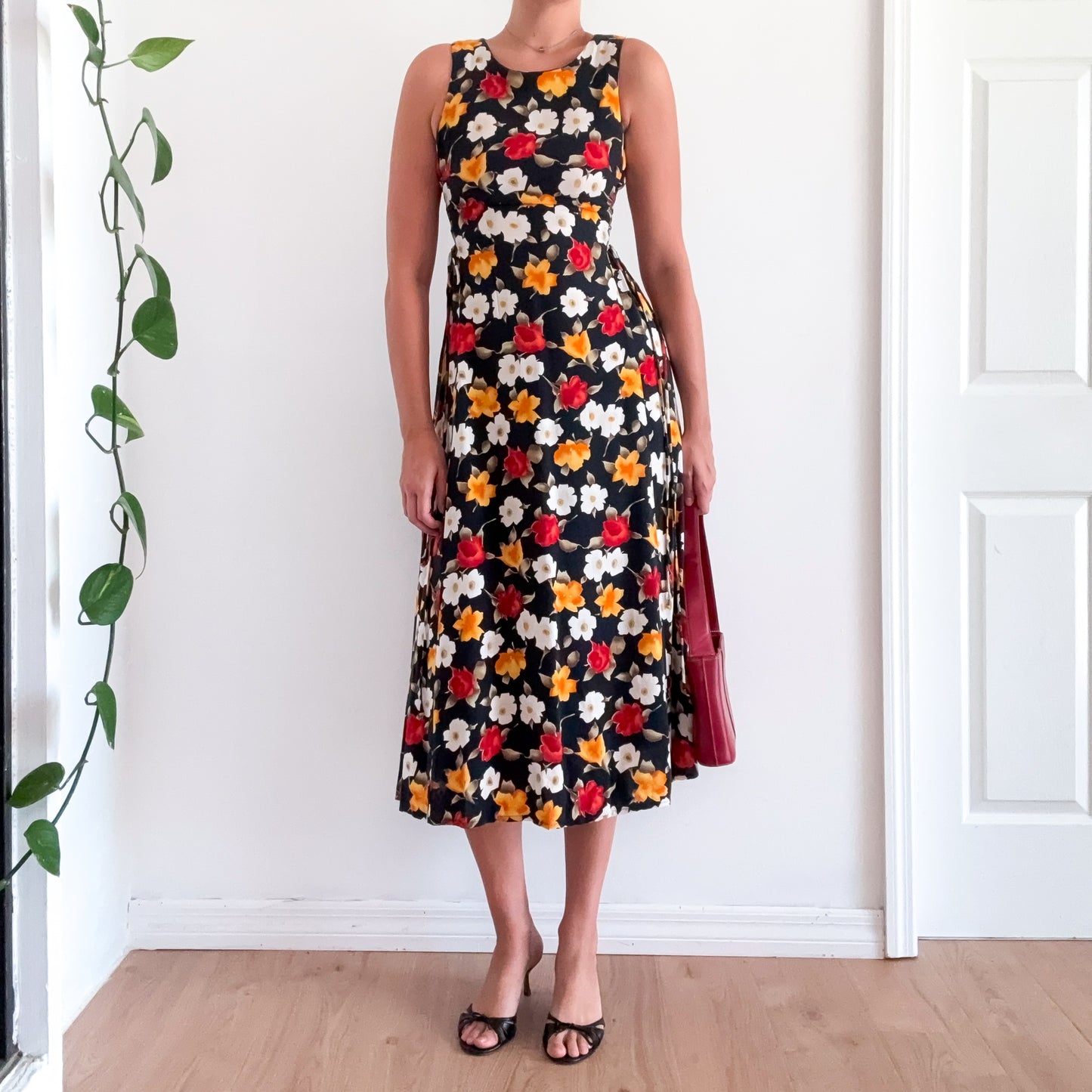 90's Black Red & Orange Floral Midi Dress / SZ S