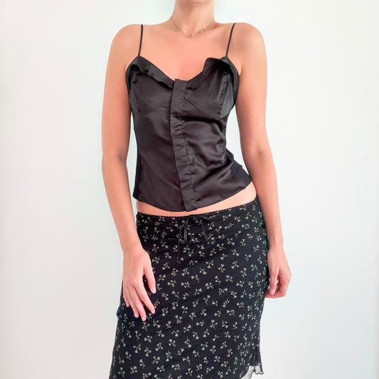Y2K French Black Satin Ruffle Tank / SZ M