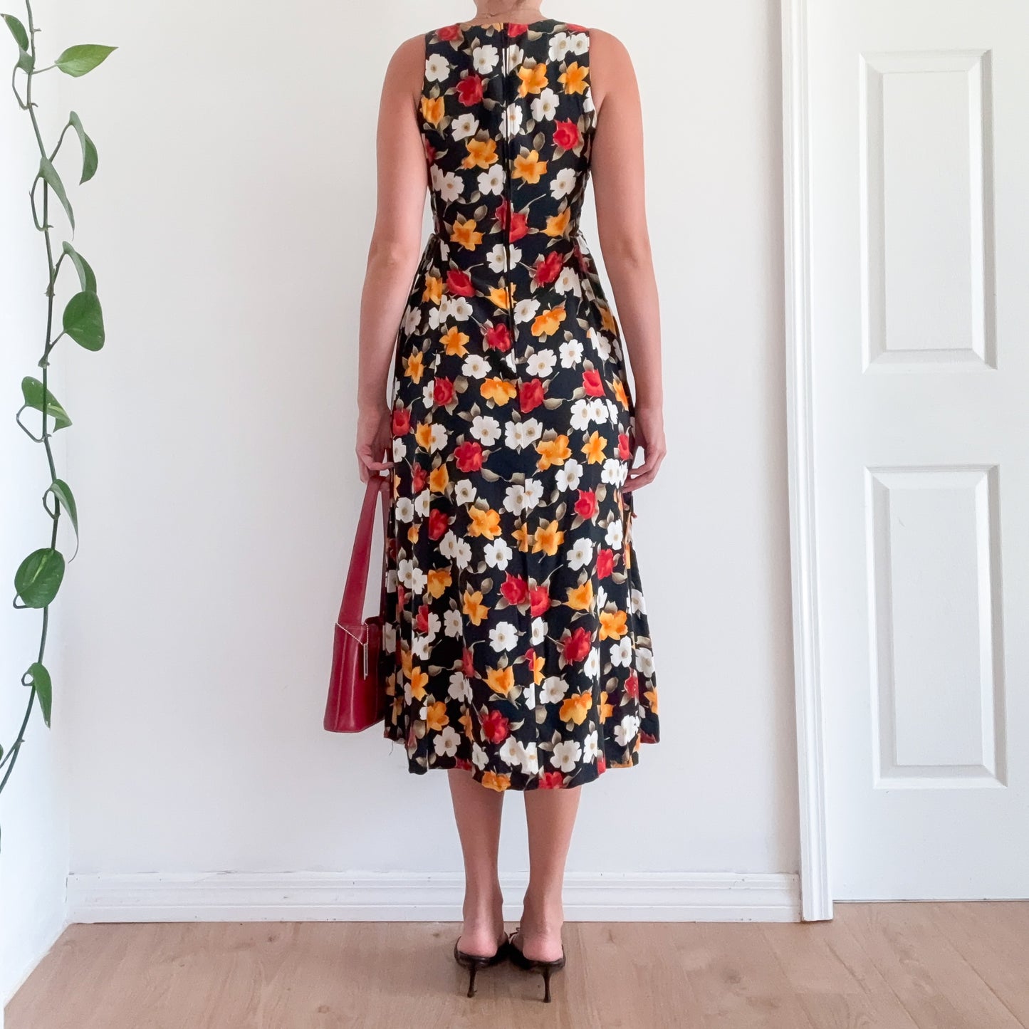 90's Black Red & Orange Floral Midi Dress / SZ S