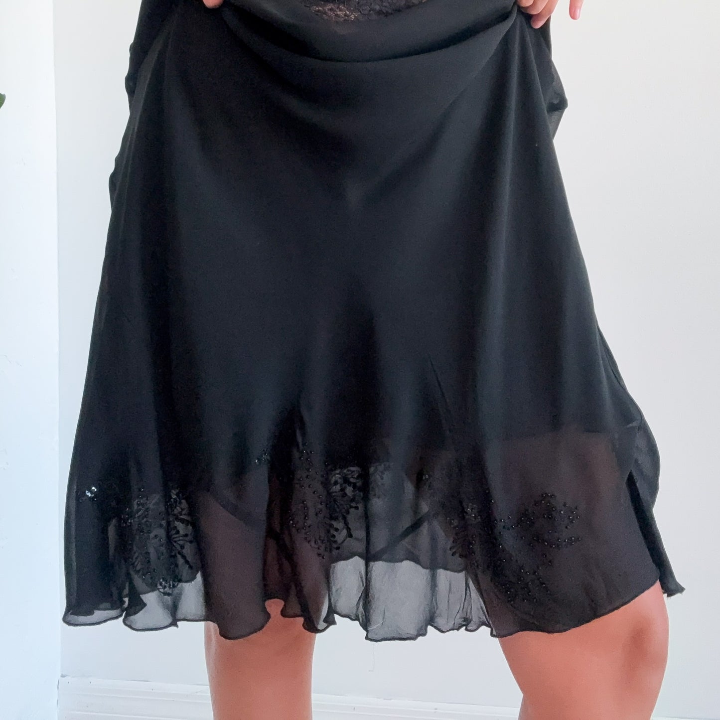 Y2K Black Rayon Embroidered Maxi Skirt / SZ S-M