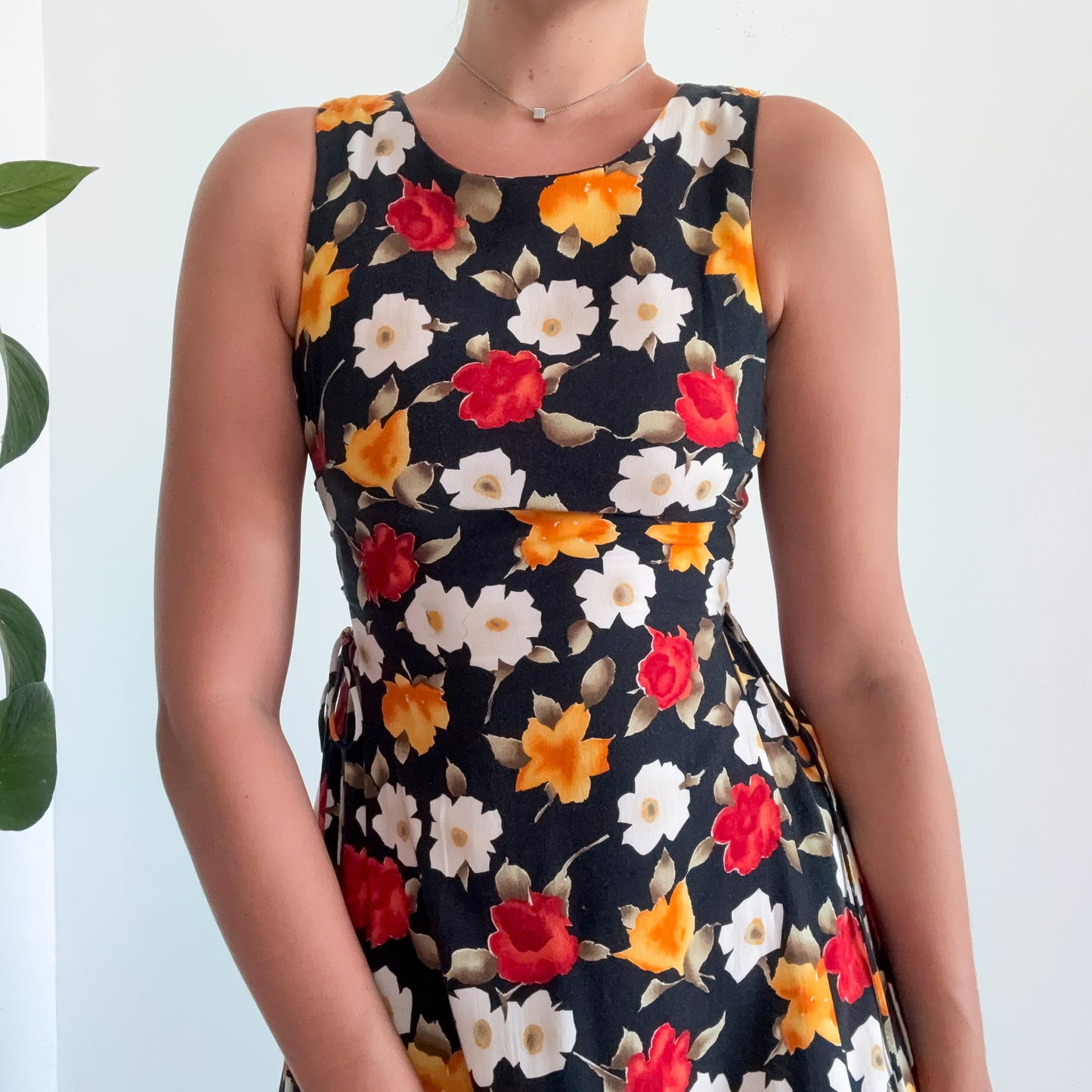 90's Black Red & Orange Floral Midi Dress / SZ S