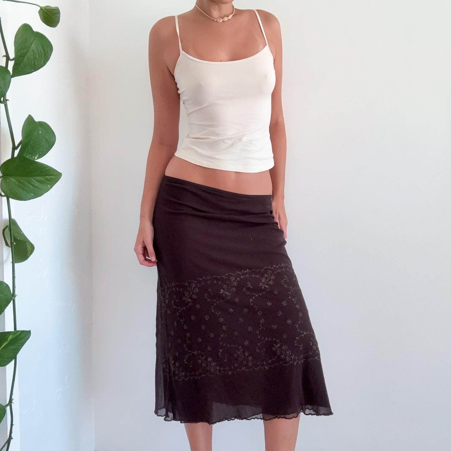 Y2K Brown Mesh Floral Glitter Midi Skirt / SZ M-L