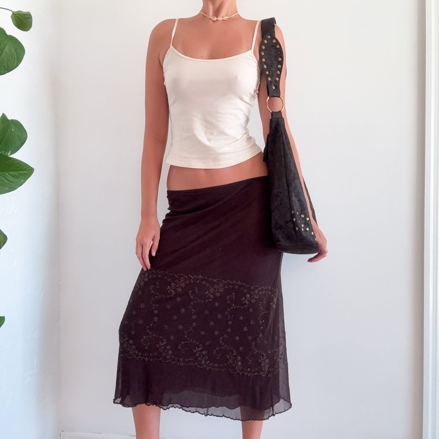 Y2K Brown Mesh Floral Glitter Midi Skirt / SZ M-L