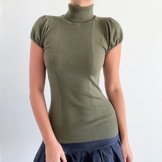 Y2K Army Green Knit Turtleneck Top / SZ S-M