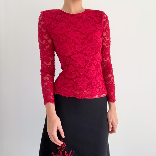 Y2K Crimson Red Lace Long Sleeve / SZ S