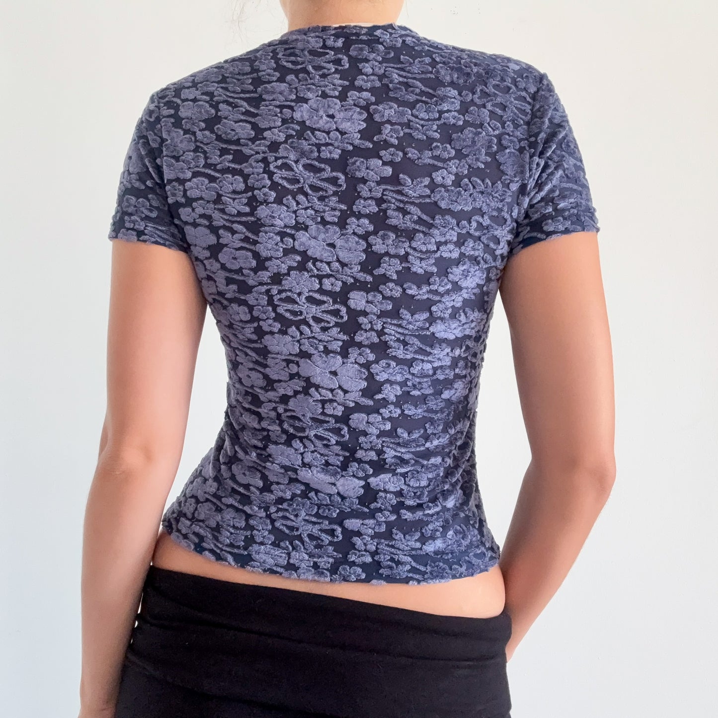 Y2K Blue Velvet Floral Tee / SZ S