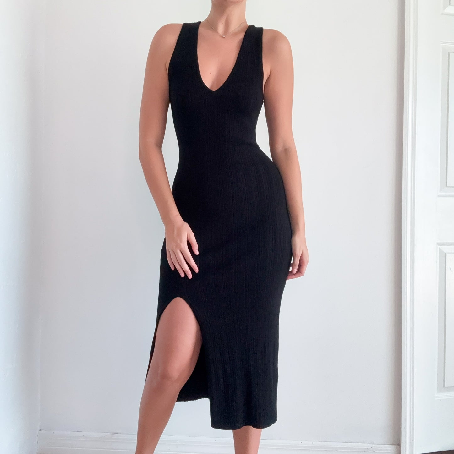 Contemporary Black Ribbed Knit Midi Dress