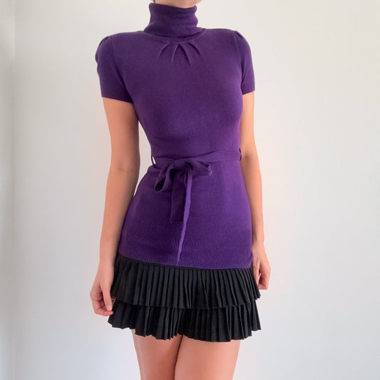 Y2K Purple Knit Turtleneck Tie Top / SZ S-M