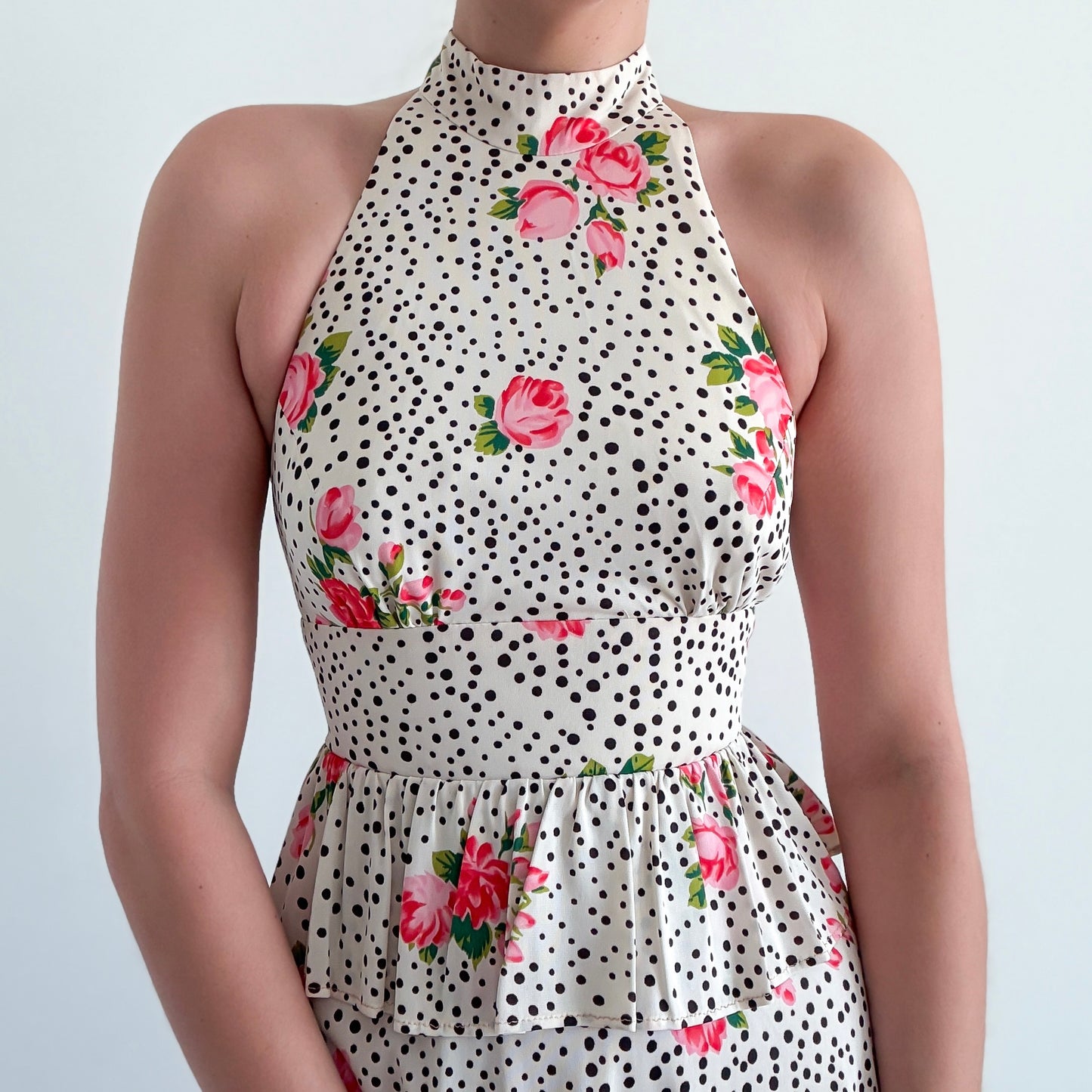 70's Cream Polka Dot Floral Mini Dress / SZ 2