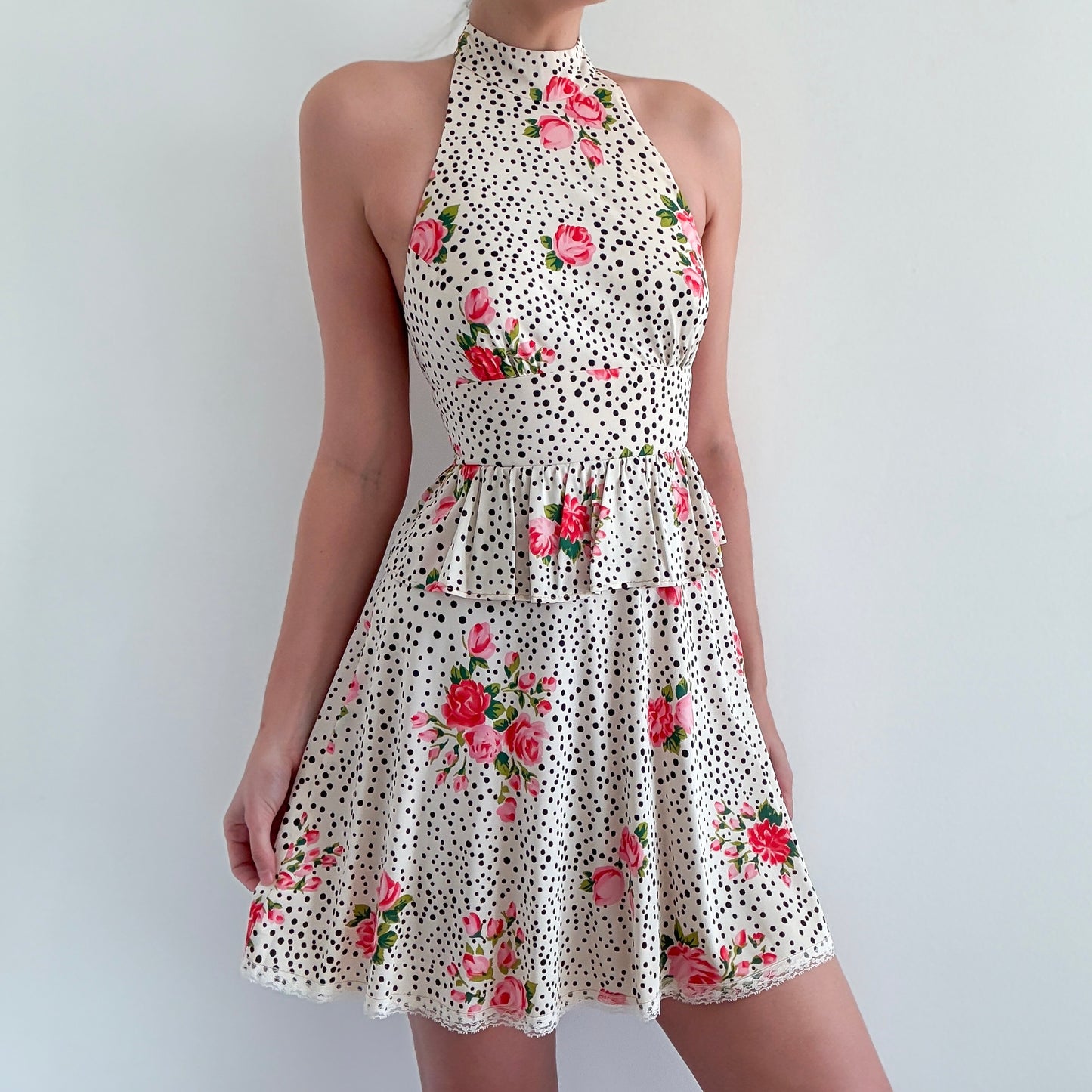 70's Cream Polka Dot Floral Mini Dress / SZ 2
