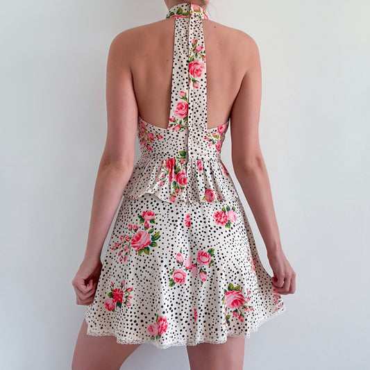 70's Cream Polka Dot Floral Mini Dress / SZ 2