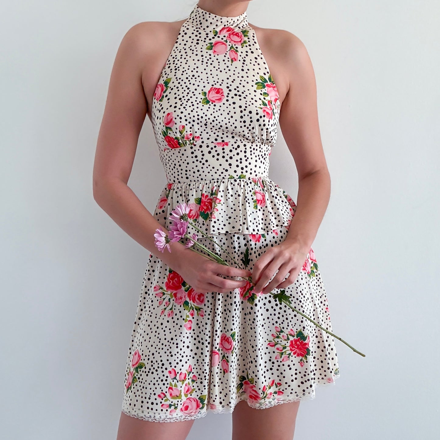 70's Cream Polka Dot Floral Mini Dress / SZ 2