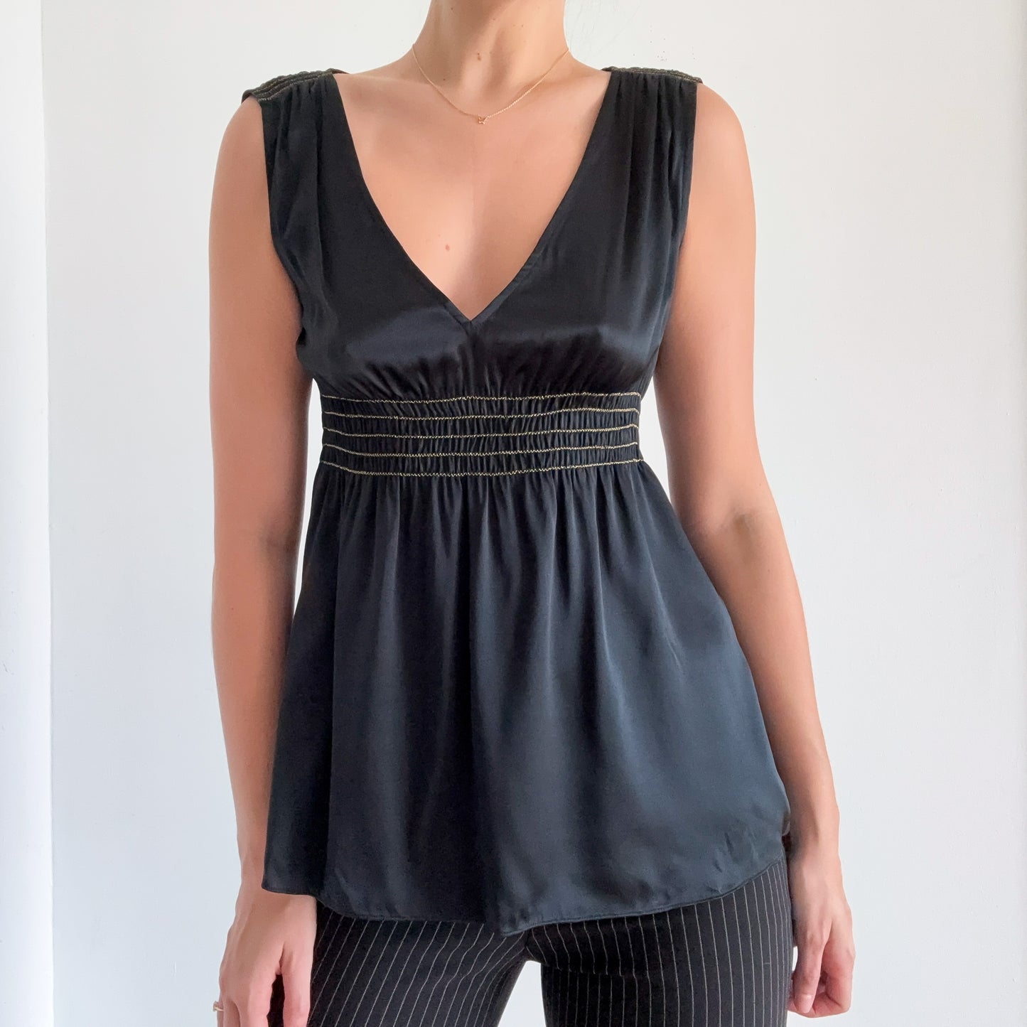 Y2K Black Silk Smocked Babydoll Top / SZ S-M