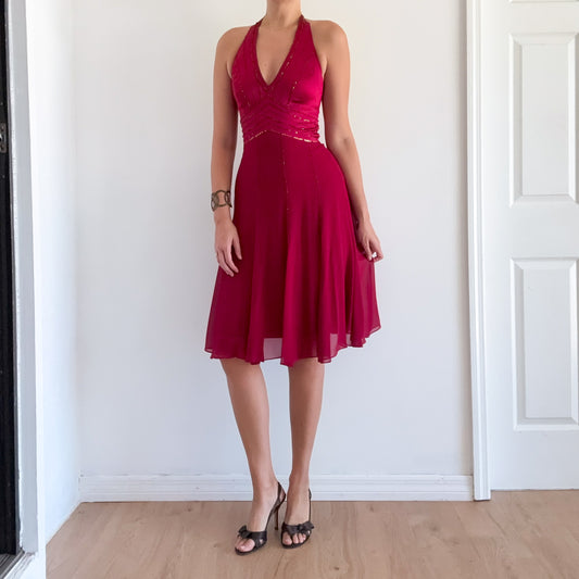 Y2K Burgundy Silk Beaded Halter Dress / SZ 2/4