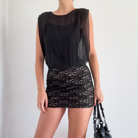 Y2K Black Lace Chiffon Club Mini Dress / SZ S