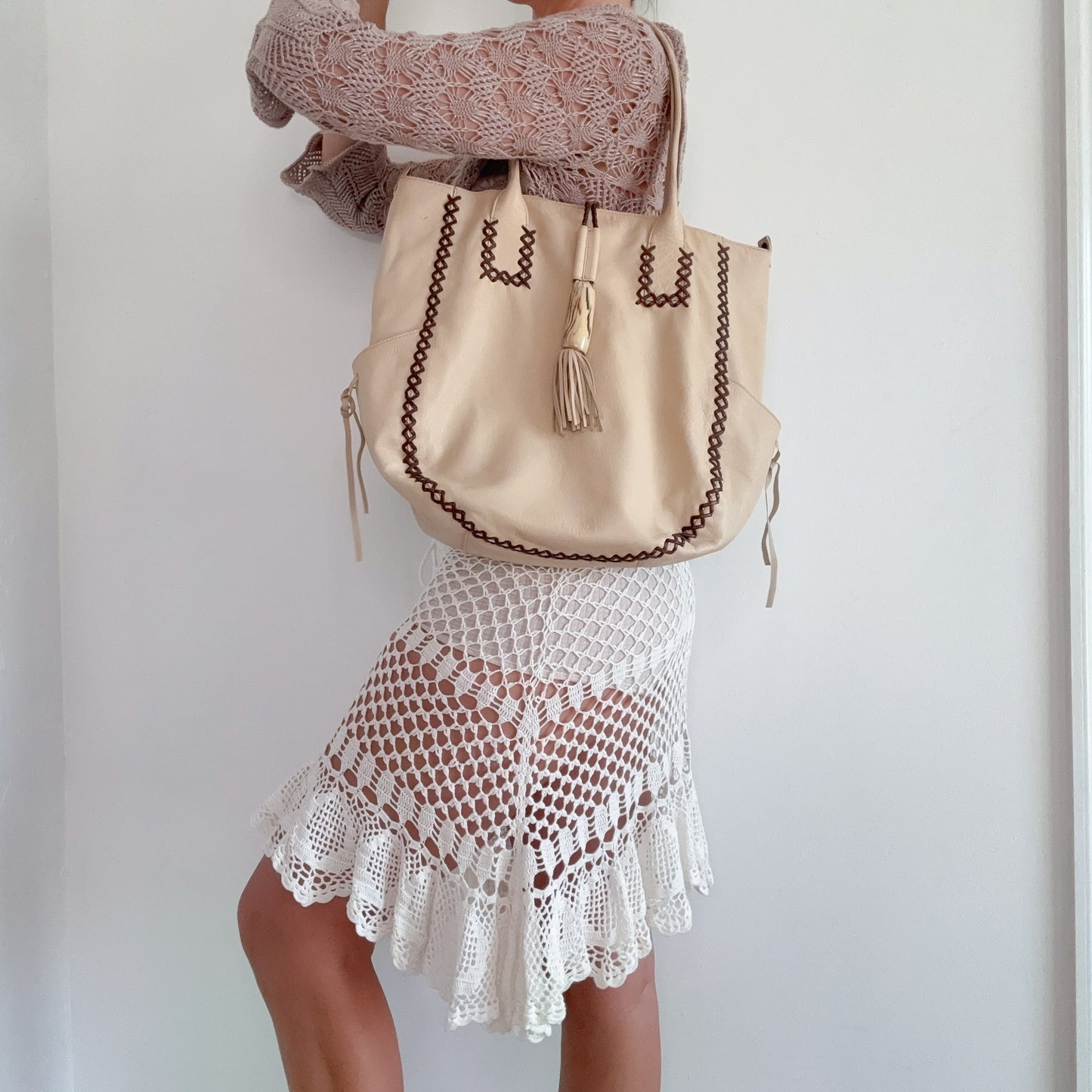 Y2K Cream & Brown Lace Up Leather Handbag