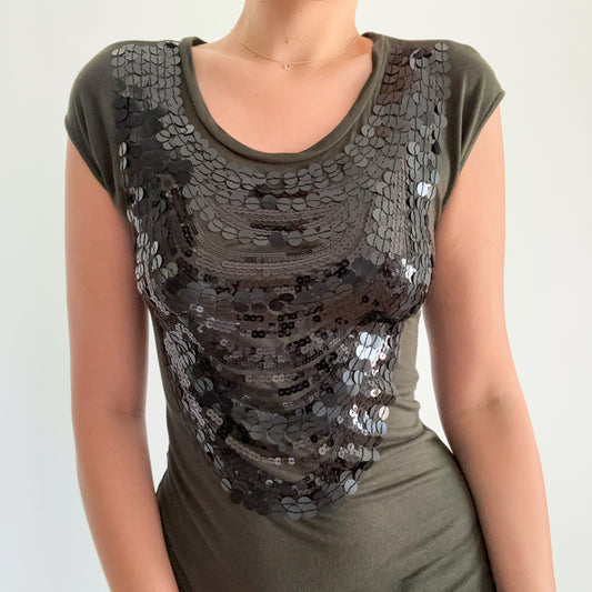Y2K Army Green Sequin Short Sleeve / SZ S-M