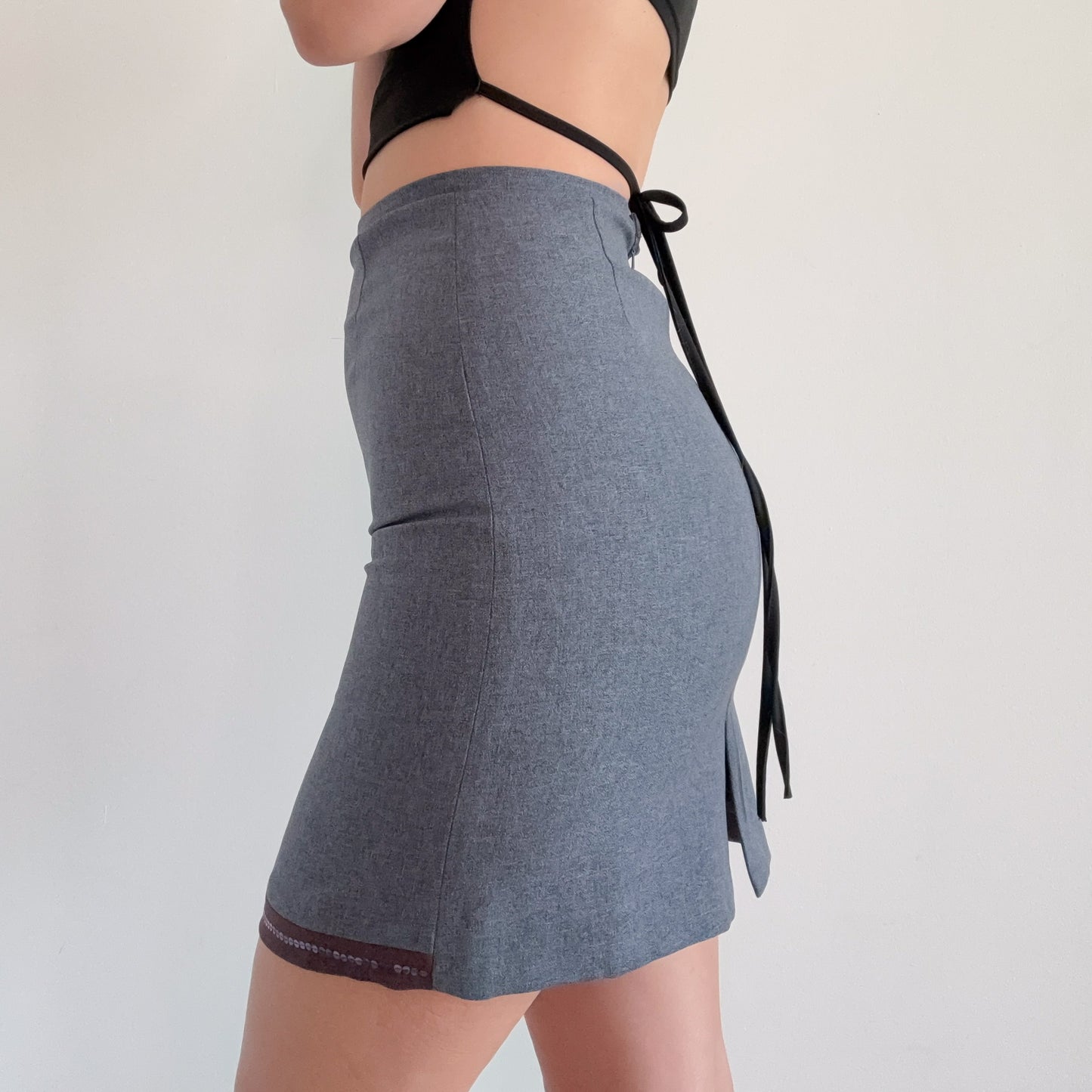 90's Grey & Brown Trim Pencil Skirt / SZ 2