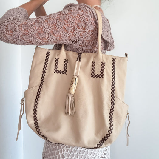 Y2K Cream & Brown Lace Up Leather Handbag